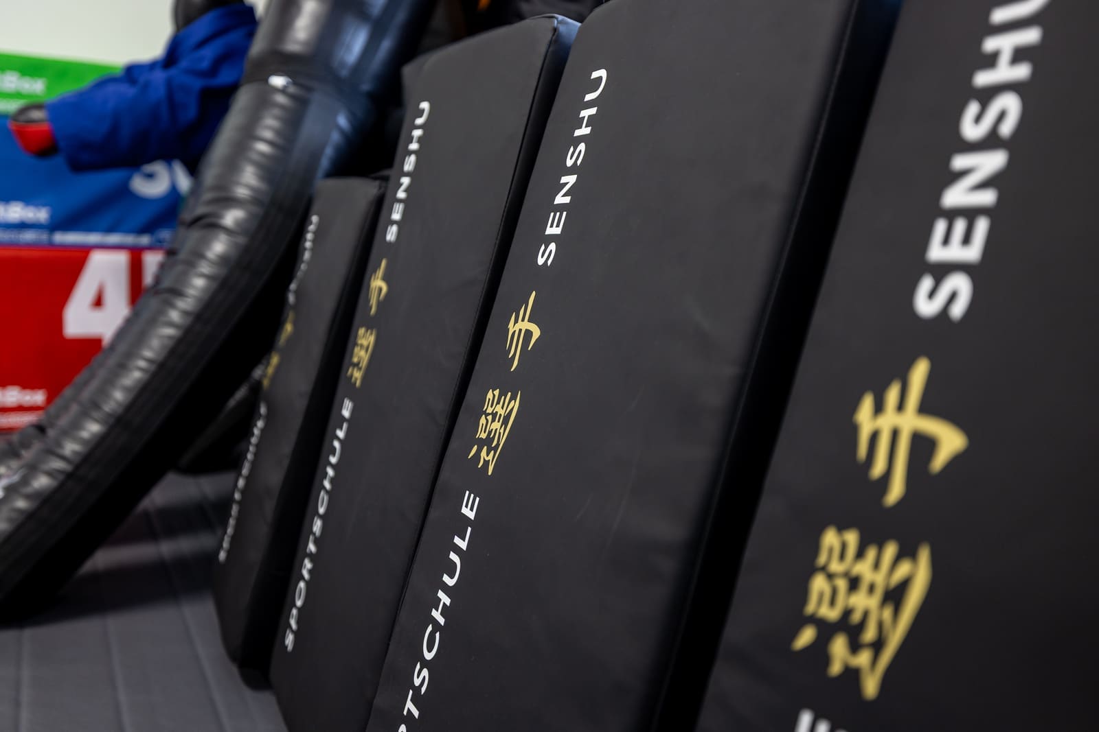 Schwarze Schlagpolster mit Senshu-Logo, aufgereiht am Rand der Halle
