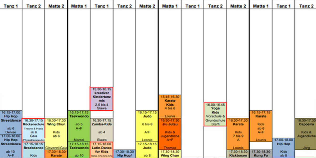 Sportschule Senshu - Slider - Stundenplan